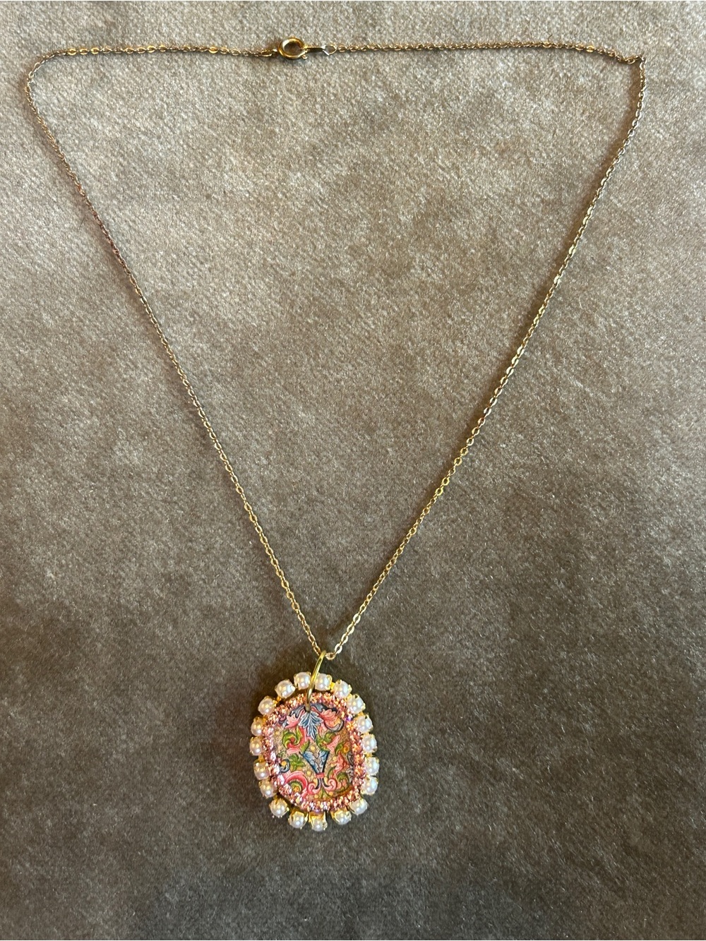 Small Gold Floral Oval Pendant Necklace - Handmade by me